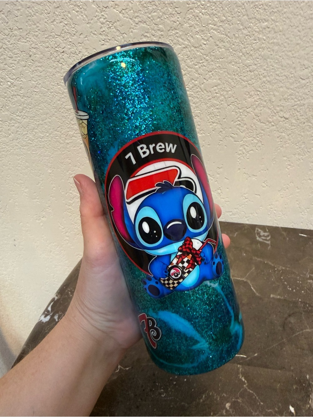 7Brew Stitch Seven Brew Aqua Marble Glitter 20oz Skinny Tumbler Cup Handmade
